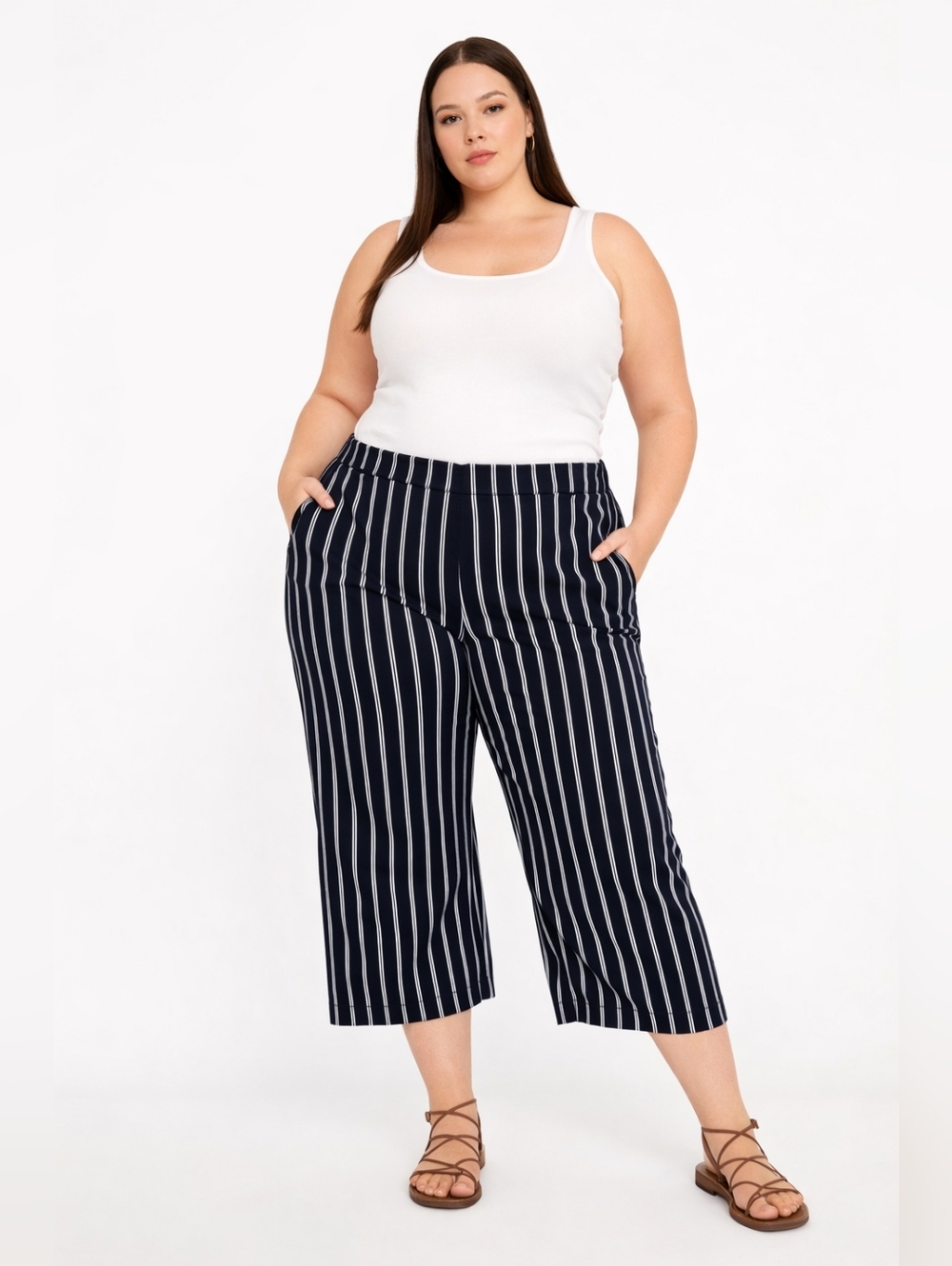 Shape Effect High Rise Wide Leg Crop Pants‎ Navy Stripe  Built In Shaper Capri